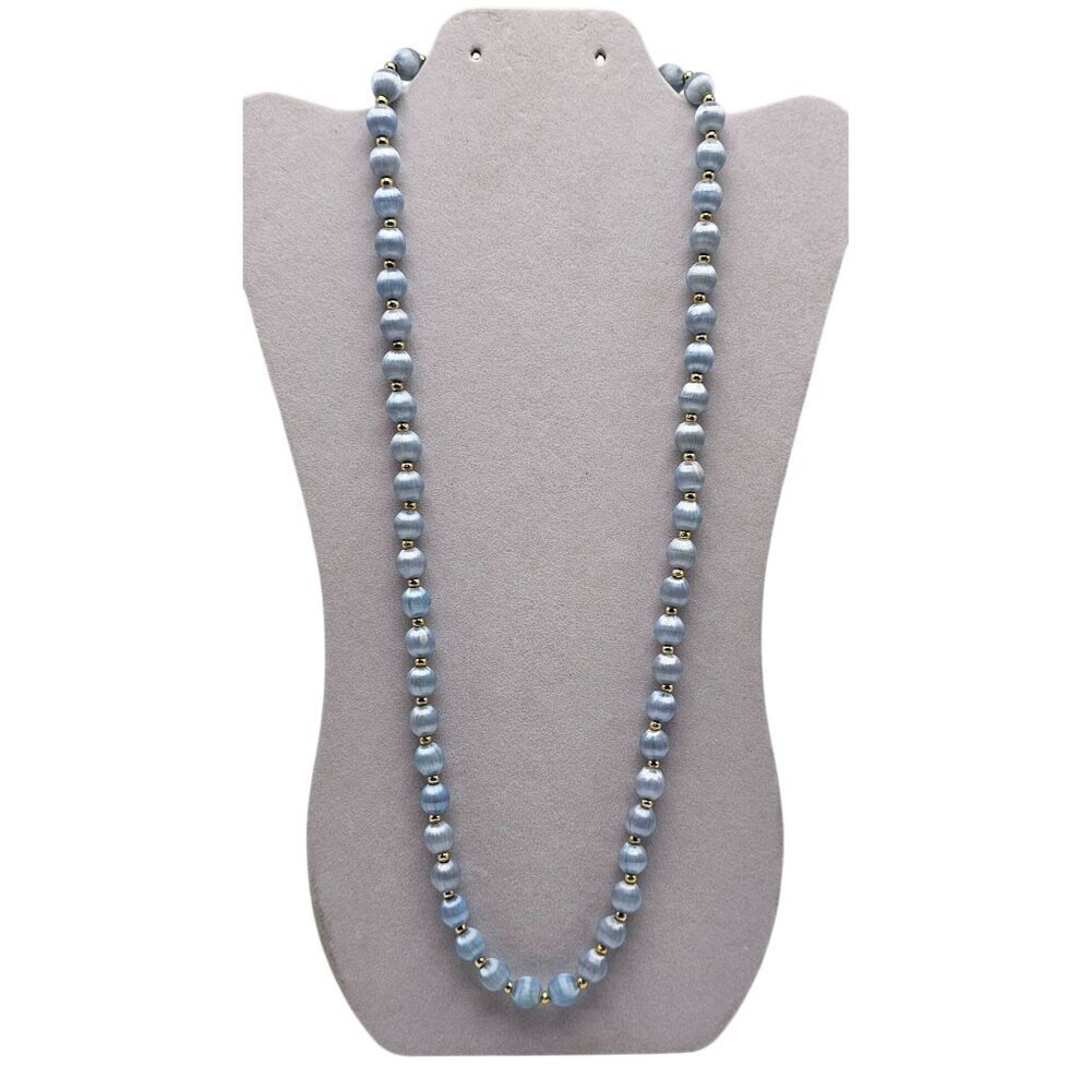 Vintage Blue Satin Bead Necklace With Gold Tone Spacers No Clasp